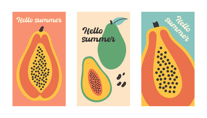Summer poster papaya set in flat style. Art for poster, postcard, wall art, banner background