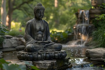 A statue of a buddha on a stone in a yard