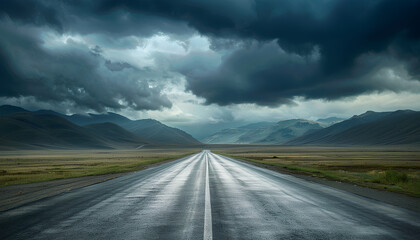 Fototapeta premium straight asphalt road going into mountains on he horizon, heavy dark clouds above mountains