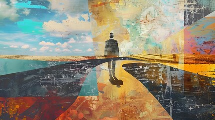 This collage shows a pensive businessman choosing the right path.