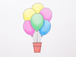 A hand-drawn illustration featuring a joyful bunch of colorful balloons tied to a simple terracotta pot, evoking happiness and celebration.