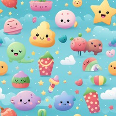 Add a touch of whimsy to your projects with seamless patterns featuring cute 3D cartoon icons and soft pastel backgrounds