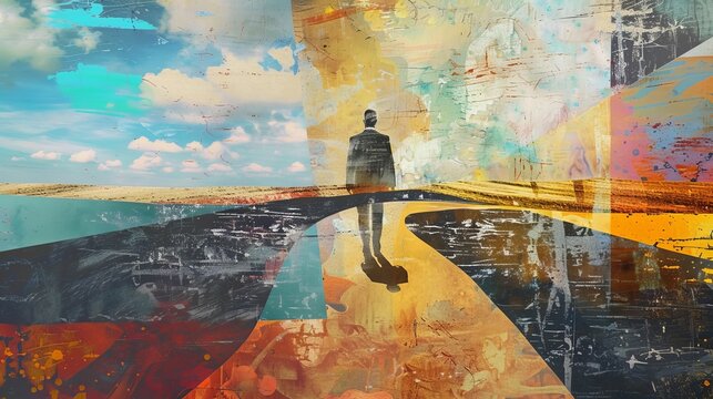 This collage shows a pensive businessman choosing the right path.