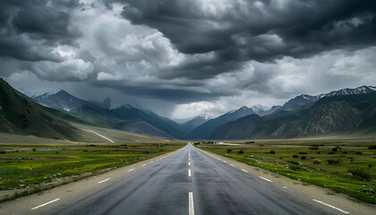 Naklejka premium straight asphalt road going into mountains on he horizon, heavy dark clouds above mountains