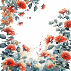 Scenic Line of Flowering Flowers on White Background Generative AI