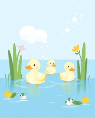 Illustration of cute ducklings with playful frogs in a serene pond, complete with bubbles and aquatic plants.