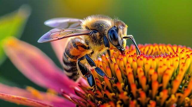 A bee pollinates a flower. The bee is covered in pollen. The flower is pink and yellow. The bee is black and yellow. The flower has a long stem.