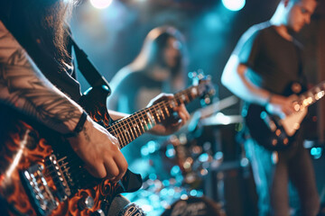 Obraz premium Crazy rockers at rock concert in night club heavy metal performance rock and roll lifestyle Generative AI