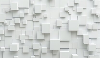 A minimalistic 3D render of white cubes protruding from a wall, creating a modern and geometric pattern