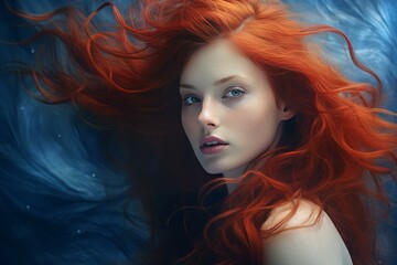 Naklejka premium Captivating portrait of a woman with vibrant red hair and a dreamlike aura