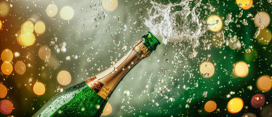 Champagne is squirting from the opening bottle , banner picture