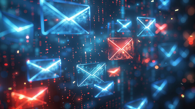 Scam emails, flooded email inbox with phishing attempts and potential hack, email hacking concept, it security risk, encryption and hacking, spam and safety