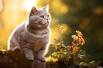 Full-length portrait photography of a cute british shorthair cat corner rubbing in front of beautiful nature scene