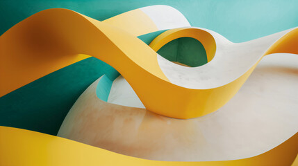 Abstract background depicting curved shapes made of yellow, green and white painted stone, concrete or cement. 