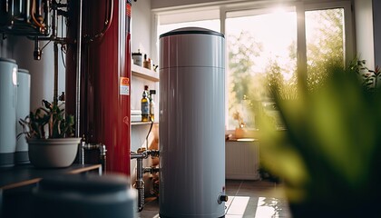 A solar-powered water heater is seen next to a window in a kitchen