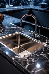 Modern Kitchen Sink with Black Marble Countertop Generative AI