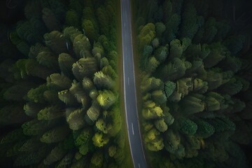 forest Drone view of single driving road along winding  pass road between forest, ai generated image
