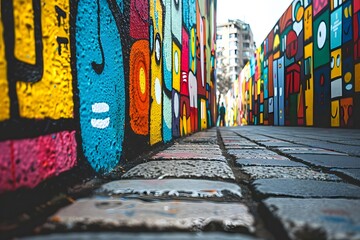 Close view of vibrant street wall with colorful background