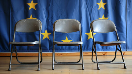 Empty Metal Folding Chairs in Front of the European Union Flag. European elections concept. Generative AI image	