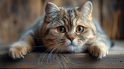 portrait of a cat sitting on a wooden table, 