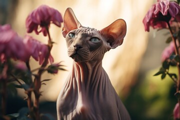 Lifestyle portrait photography of a happy sphynx cat grooming in front of beautiful nature scene