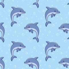 Cartoon playful dolphin. Stylized fish on blue background surrounded by water and bubbles. Vector seamless pattern.