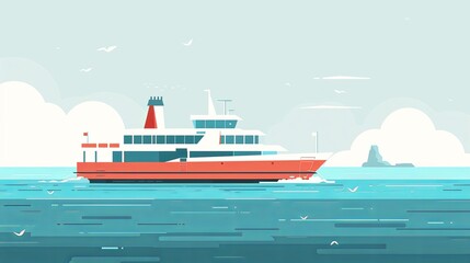 Minimalist ferry illustration with clear skies and calm seas, ideal for peaceful travel themes