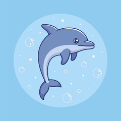 Vector illustration of playful dolphin. Stylized fish on blue background surrounded by water and bubbles.