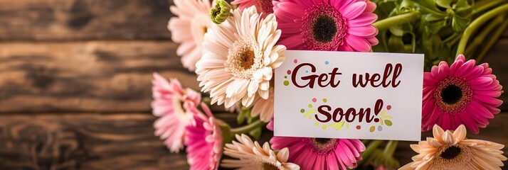 A heartwarming bouquet of vibrant flowers paired with a Get Well Soon card, conveying wishes for speedy recovery