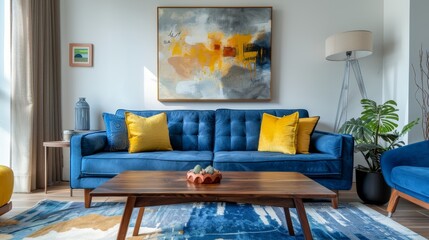 A blue couch with yellow pillows sits in front of a painting