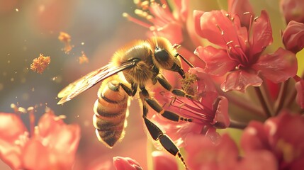 A bee pollinates a flower. The bee is covered in yellow and black fur. The flower is pink and has a long stem with green leaves. - Powered by Adobe