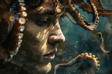Fototapeta premium Underwater swimming created with generative ai person enjoys summer pleasant water swimming diving