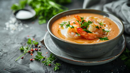 Elegant seafood bisque garnished with fresh herbs and a drizzle of cream.