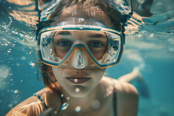 Naklejka premium Underwater swimming created with generative ai person enjoys summer pleasant water swimming diving