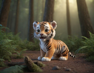 Obraz premium happy little tiger playing in the woods, cute tiger in wild forest, with trees and plants around, digital art