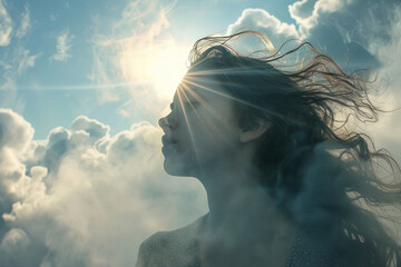 Young woman in sky with clouds religious concept illustration made with generative ai