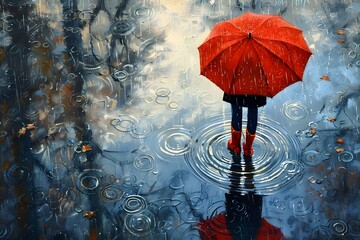 Person with umbrella in puddle - obrazy, fototapety, plakaty