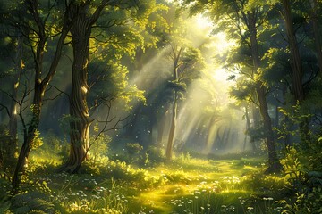 Obraz premium Sunlight filtering through tall trees in a woodland with greenery and wildflowers