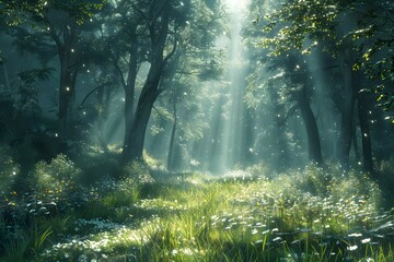 Obraz premium Sunlight filtering through woodland foliage with green grass and wildflowers