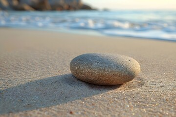 A rock on the sand next to the ocean