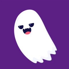 Cute ghost floating with Halloween pumpkin basket for Trick or Treat. Funny spooky boo character. Spook phantom with happy smiling face expression. Isolated kids flat vector illustration.