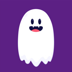 Cute ghost floating with Halloween pumpkin basket for Trick or Treat. Funny spooky boo character. Spook phantom with happy smiling face expression. Isolated kids flat vector illustration.