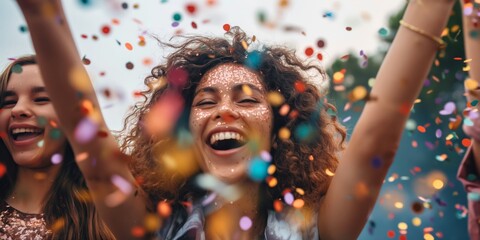 A vibrant celebration scene with a joyful young woman laughing amidst a flurry of colorful confetti