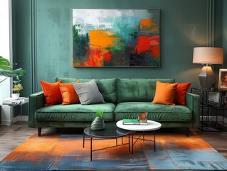 A living room with a green couch and orange pillows