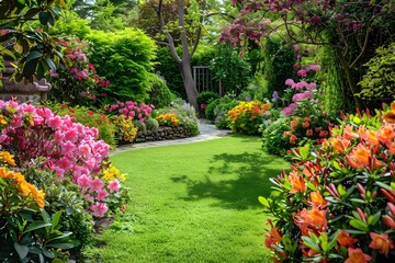 A garden filled with blooming flowers and lush trees in the background