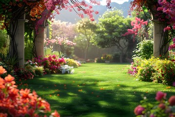 A view of a garden with a variety of colorful flowers and lush trees