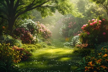 Fototapeta premium A view of a lush green forest with lots of flowers