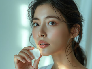 Enhancing Elegance: Closeup of Asian Woman Perfecting Makeup