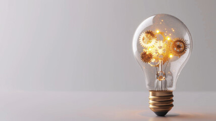 Copy space Light bulb on with gears in the back, concept of idea