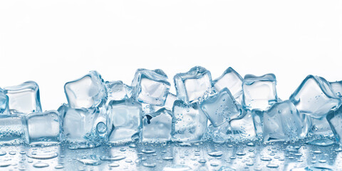 ice cube dais tabletop wet surface for product display background banner in white blue colors, concept of cold cool frost frozen food and beverage product presentation